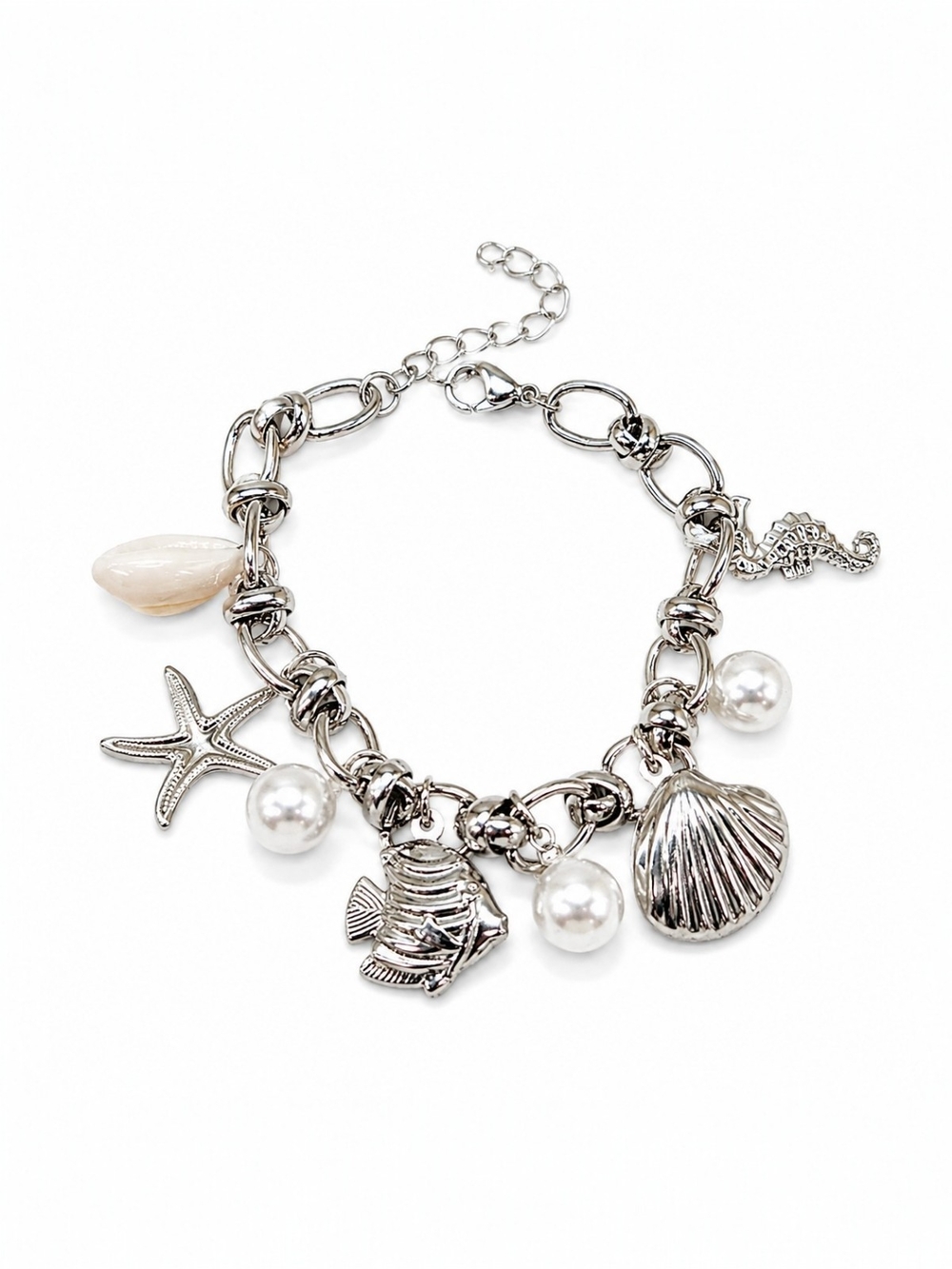 Silver Stainless Steel Shell & Pearl Charm Bracelet - Women Jewelry
